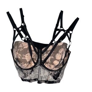 Victoria's Secret Floral Mesh Harness Corset Bra Black Tan 36DD 402892-MBR